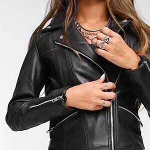 NEW Barneys Originals Black Genuine Leather Biker Belted Jacket